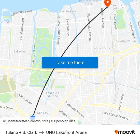 Tulane + S. Clark to UNO Lakefront Arena map