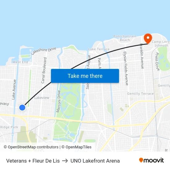 Veterans + Fleur De Lis to UNO Lakefront Arena map