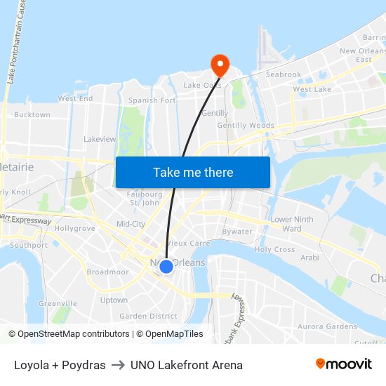 Loyola + Poydras to UNO Lakefront Arena map