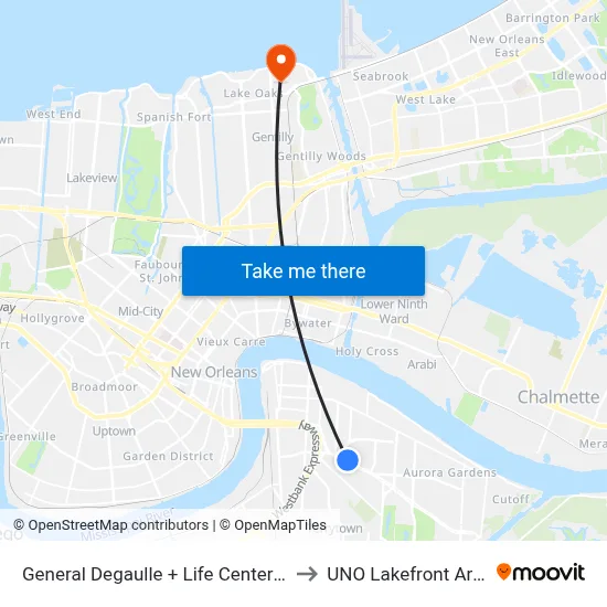 General Degaulle + Life Center Blvd to UNO Lakefront Arena map