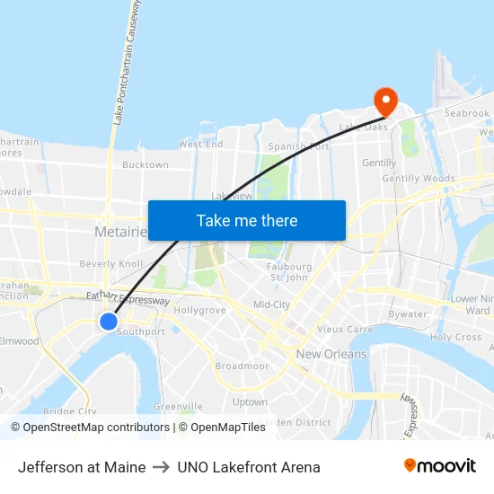 Jefferson at Maine to UNO Lakefront Arena map