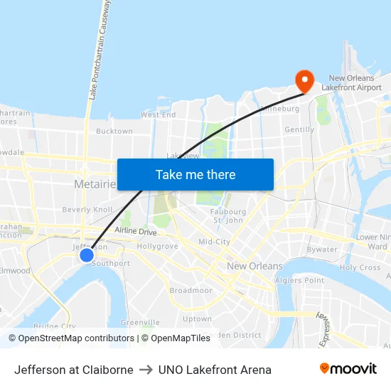 Jefferson at Claiborne to UNO Lakefront Arena map