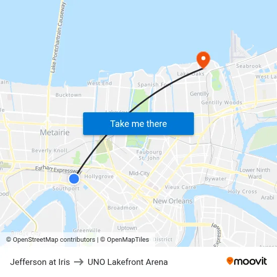 Jefferson at Iris to UNO Lakefront Arena map