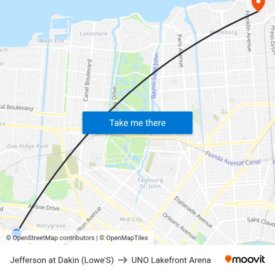 Jefferson at Dakin (Lowe'S) to UNO Lakefront Arena map