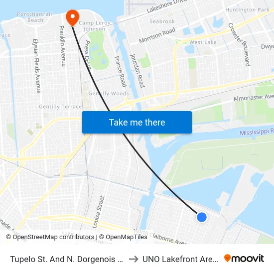 Tupelo St. And N. Dorgenois St. to UNO Lakefront Arena map