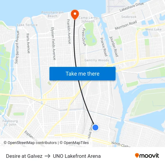 Desire at Galvez to UNO Lakefront Arena map