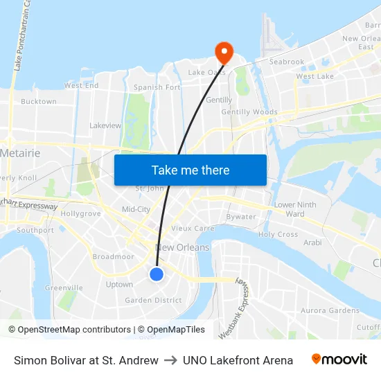 Simon Bolivar at St. Andrew to UNO Lakefront Arena map