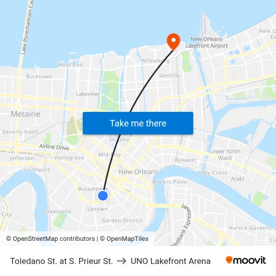 Toledano St. at S. Prieur St. to UNO Lakefront Arena map