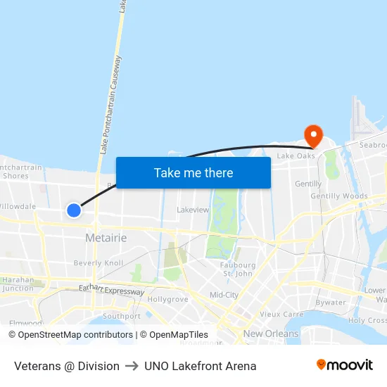 Veterans @ Division to UNO Lakefront Arena map