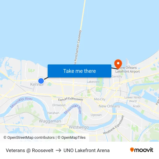 Veterans @ Roosevelt to UNO Lakefront Arena map
