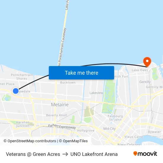 Veterans @ Green Acres to UNO Lakefront Arena map