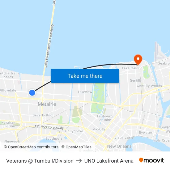 Veterans @ Turnbull/Division to UNO Lakefront Arena map