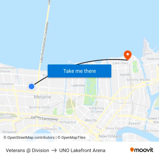 Veterans @ Division to UNO Lakefront Arena map