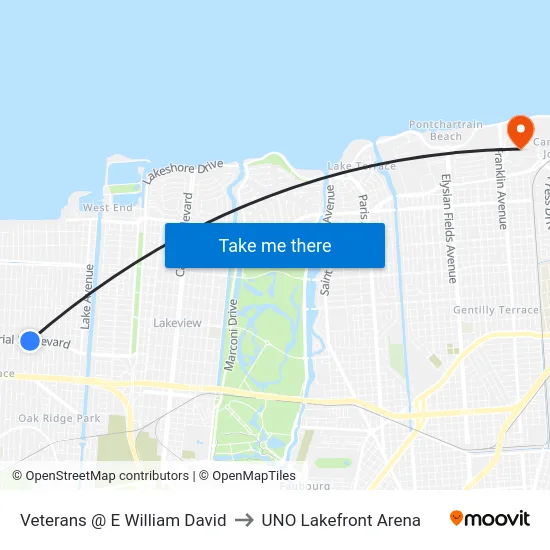 Veterans @ E William David to UNO Lakefront Arena map