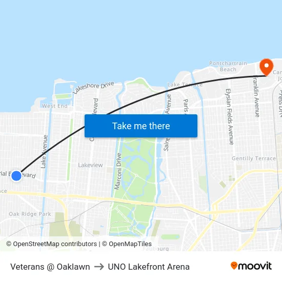 Veterans @ Oaklawn to UNO Lakefront Arena map