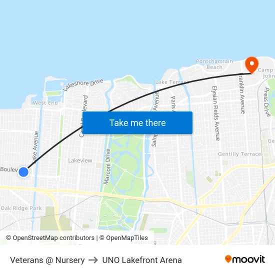 Veterans @ Nursery to UNO Lakefront Arena map