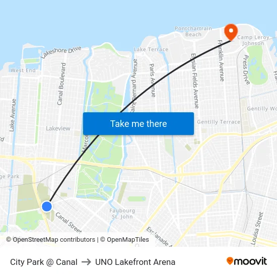 City Park @ Canal to UNO Lakefront Arena map