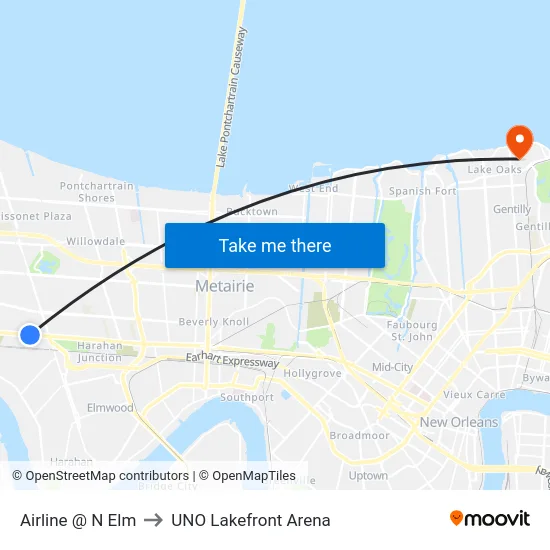 Airline @ N Elm to UNO Lakefront Arena map