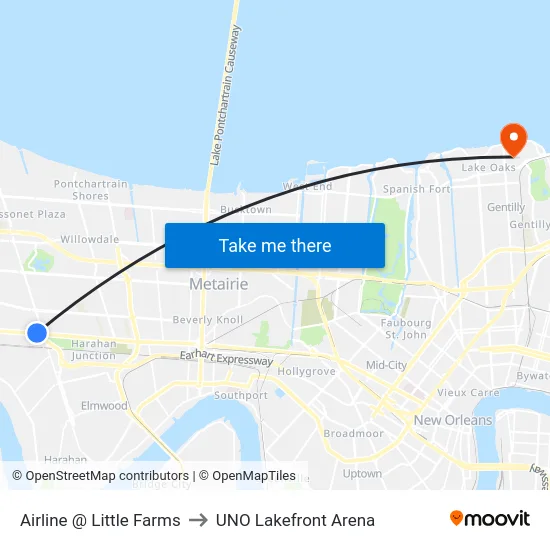 Airline @ Little Farms to UNO Lakefront Arena map