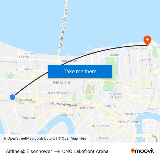 Airline @ Eisenhower to UNO Lakefront Arena map