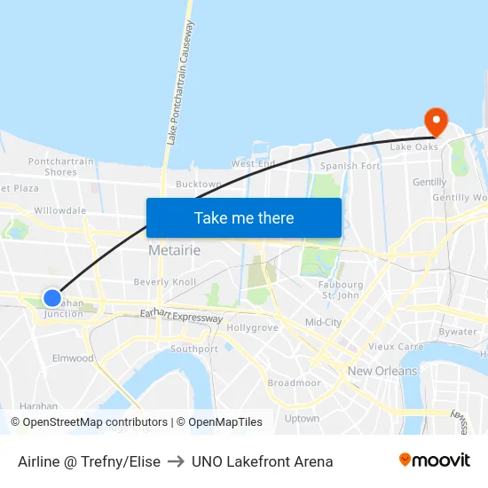 Airline @ Trefny/Elise to UNO Lakefront Arena map
