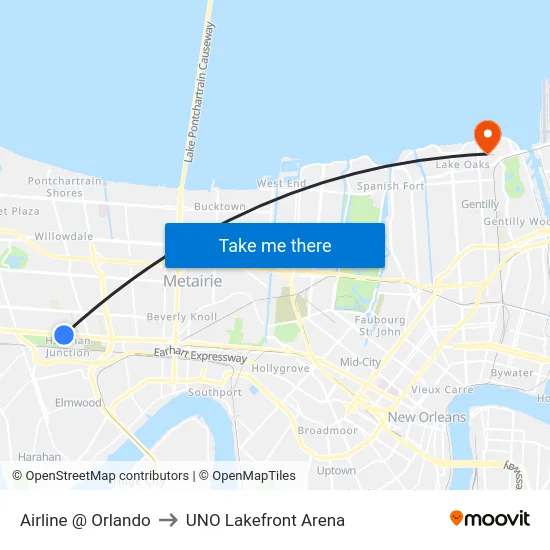 Airline @ Orlando to UNO Lakefront Arena map