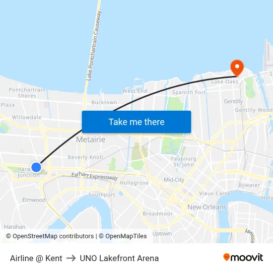 Airline @ Kent to UNO Lakefront Arena map