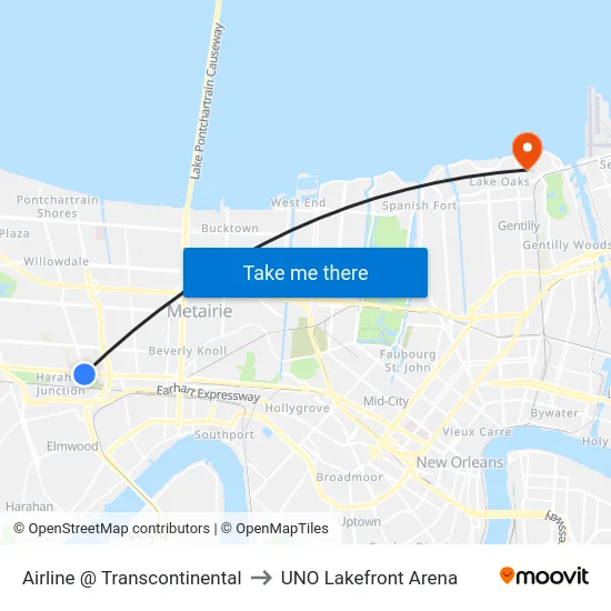 Airline @ Transcontinental to UNO Lakefront Arena map