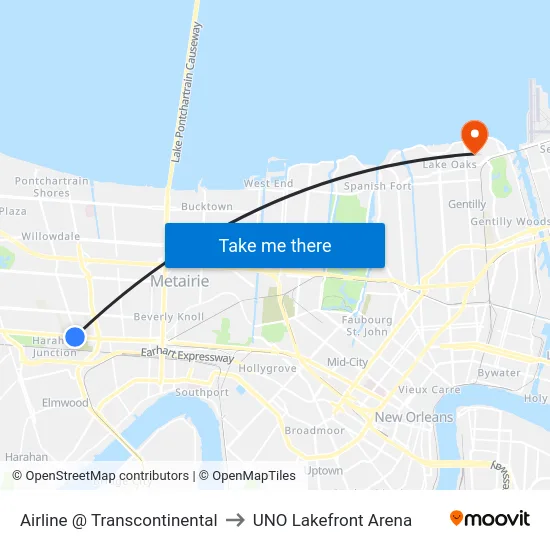 Airline @ Transcontinental to UNO Lakefront Arena map