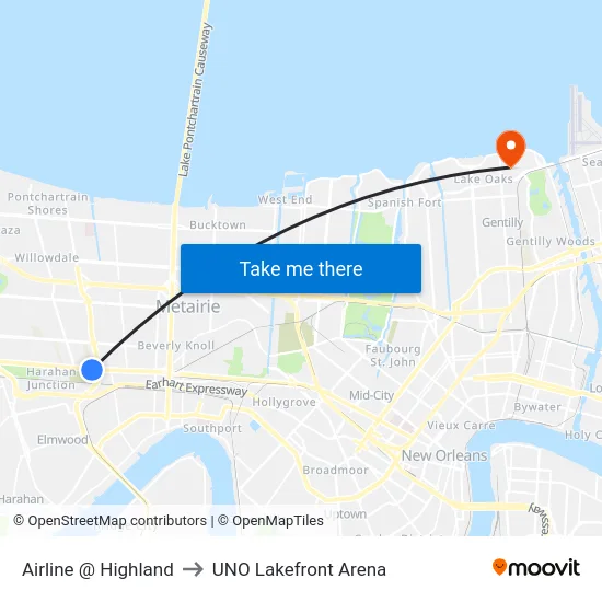 Airline @ Highland to UNO Lakefront Arena map