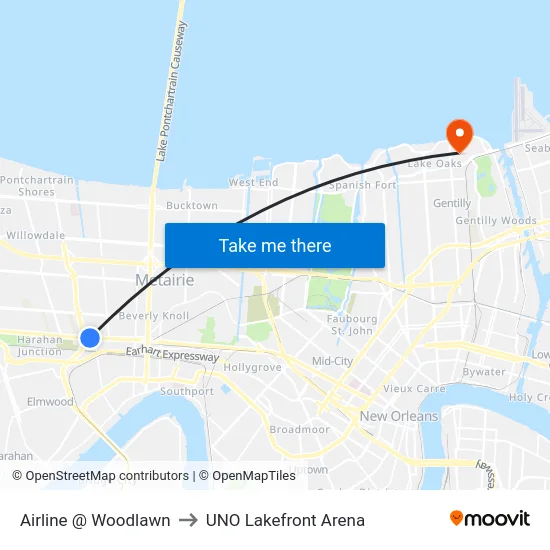 Airline @ Woodlawn to UNO Lakefront Arena map