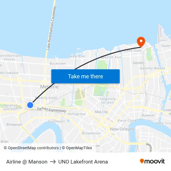 Airline @ Manson to UNO Lakefront Arena map