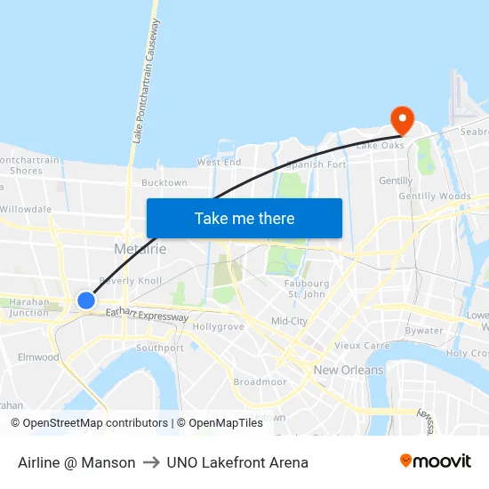 Airline @ Manson to UNO Lakefront Arena map