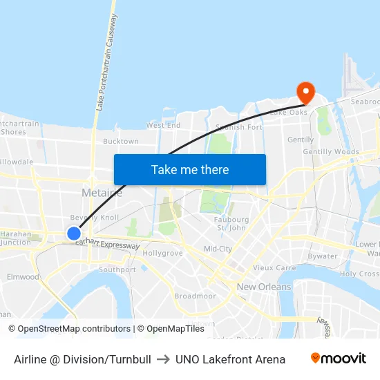 Airline @ Division/Turnbull to UNO Lakefront Arena map