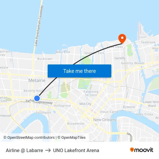 Airline @ Labarre to UNO Lakefront Arena map