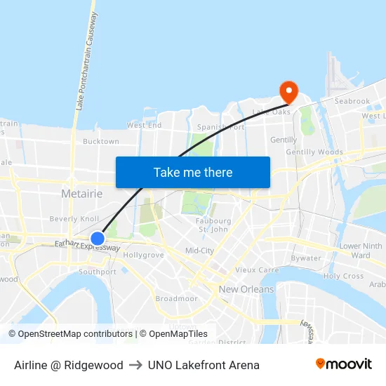 Airline @ Ridgewood to UNO Lakefront Arena map