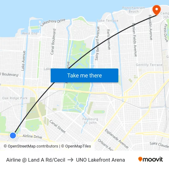 Airline @ Land A Rd/Cecil to UNO Lakefront Arena map