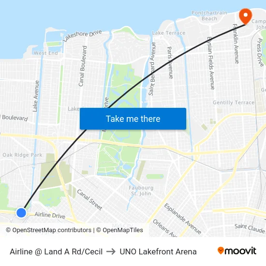 Airline @ Land A Rd/Cecil to UNO Lakefront Arena map