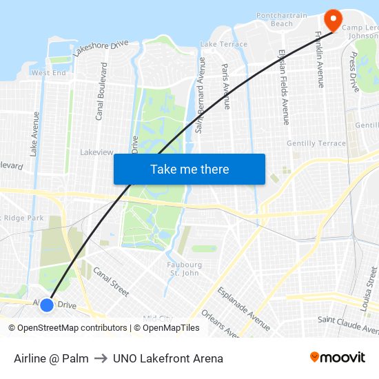 Airline @ Palm to UNO Lakefront Arena map