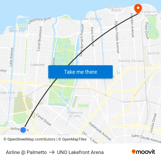 Airline @ Palmetto to UNO Lakefront Arena map