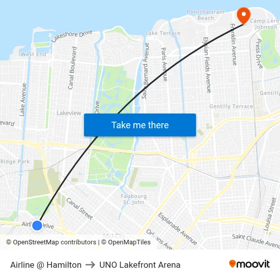 Airline @ Hamilton to UNO Lakefront Arena map