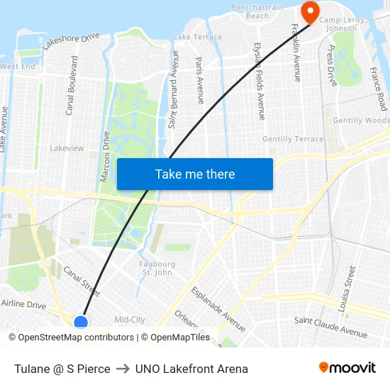 Tulane @ S Pierce to UNO Lakefront Arena map