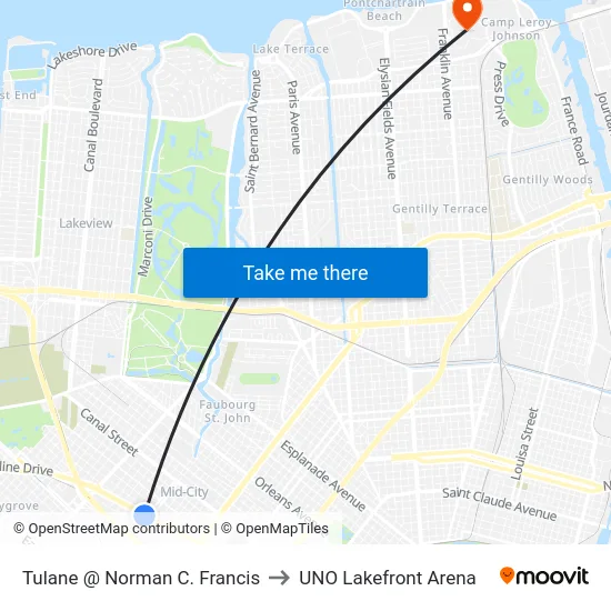 Tulane @ Norman C. Francis to UNO Lakefront Arena map