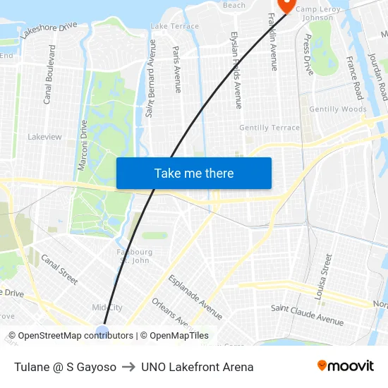 Tulane @ S Gayoso to UNO Lakefront Arena map
