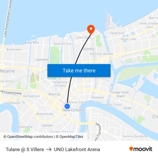 Tulane @ S Villere to UNO Lakefront Arena map