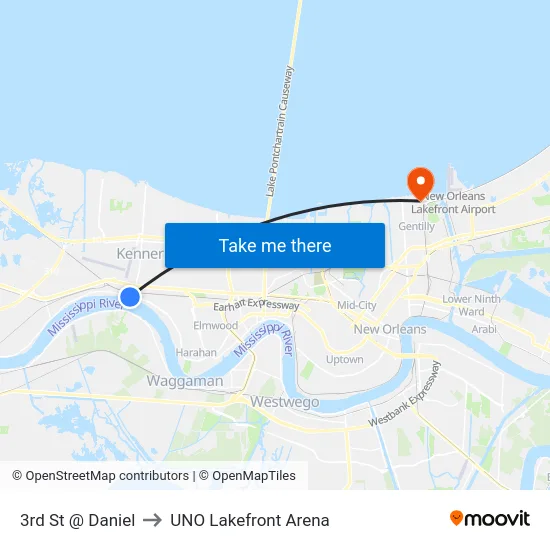 3rd St @ Daniel to UNO Lakefront Arena map