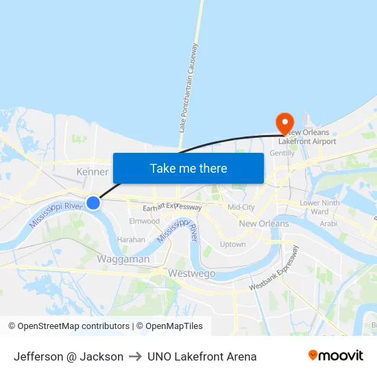 Jefferson @ Jackson to UNO Lakefront Arena map