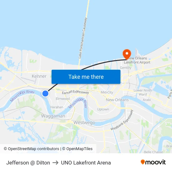 Jefferson @ Dilton to UNO Lakefront Arena map