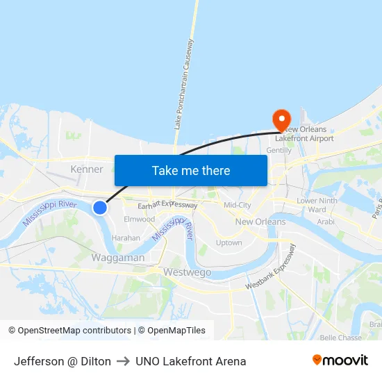 Jefferson @ Dilton to UNO Lakefront Arena map