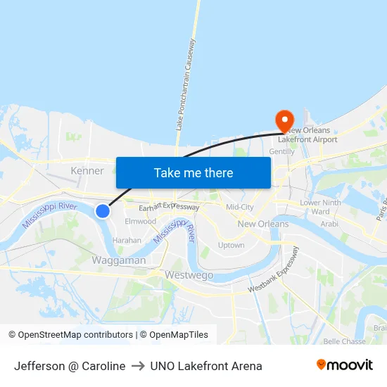 Jefferson @ Caroline to UNO Lakefront Arena map